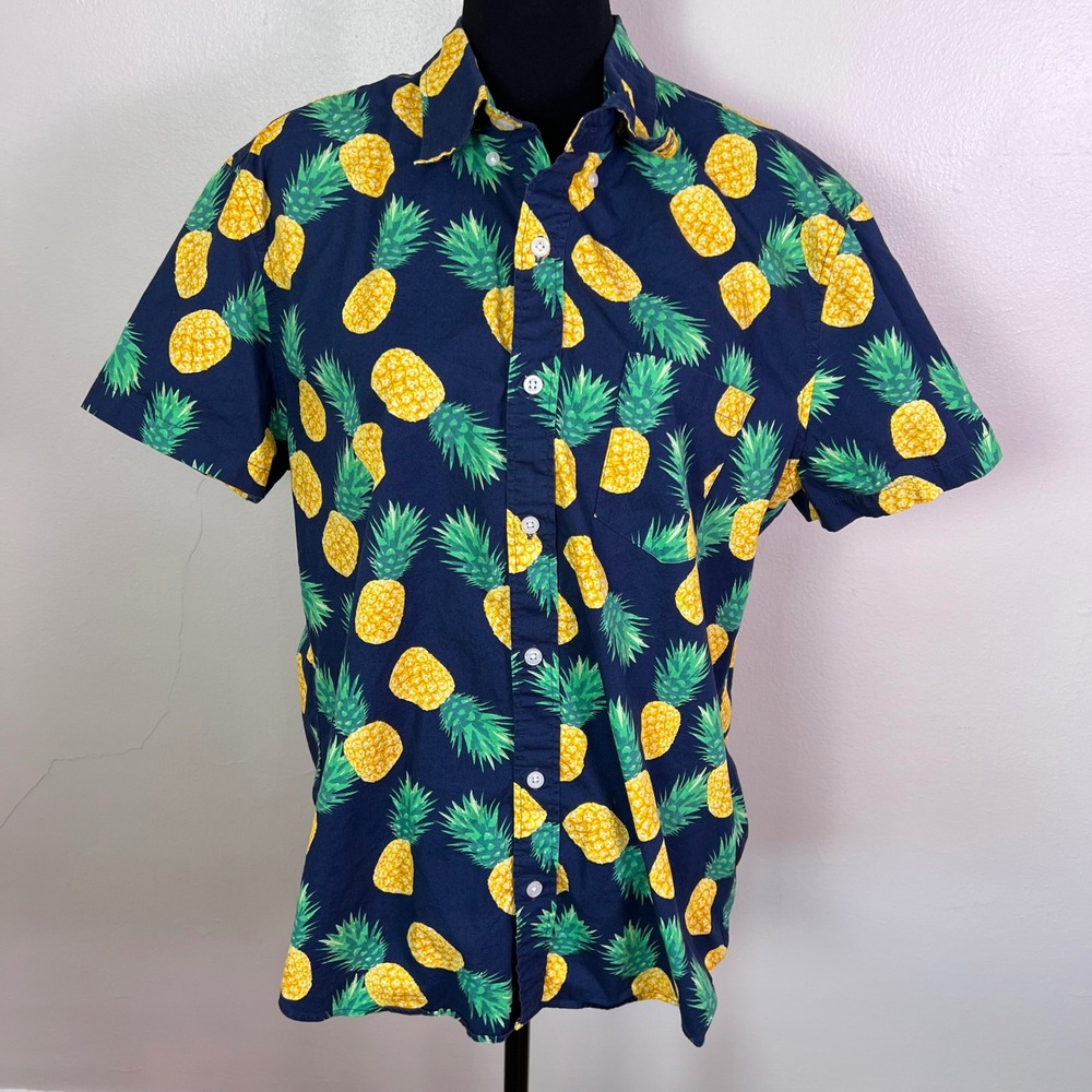 J.Crew Button Down Shirt L Navy Blue Pineapple Print Slim Flex Washed Tropical
